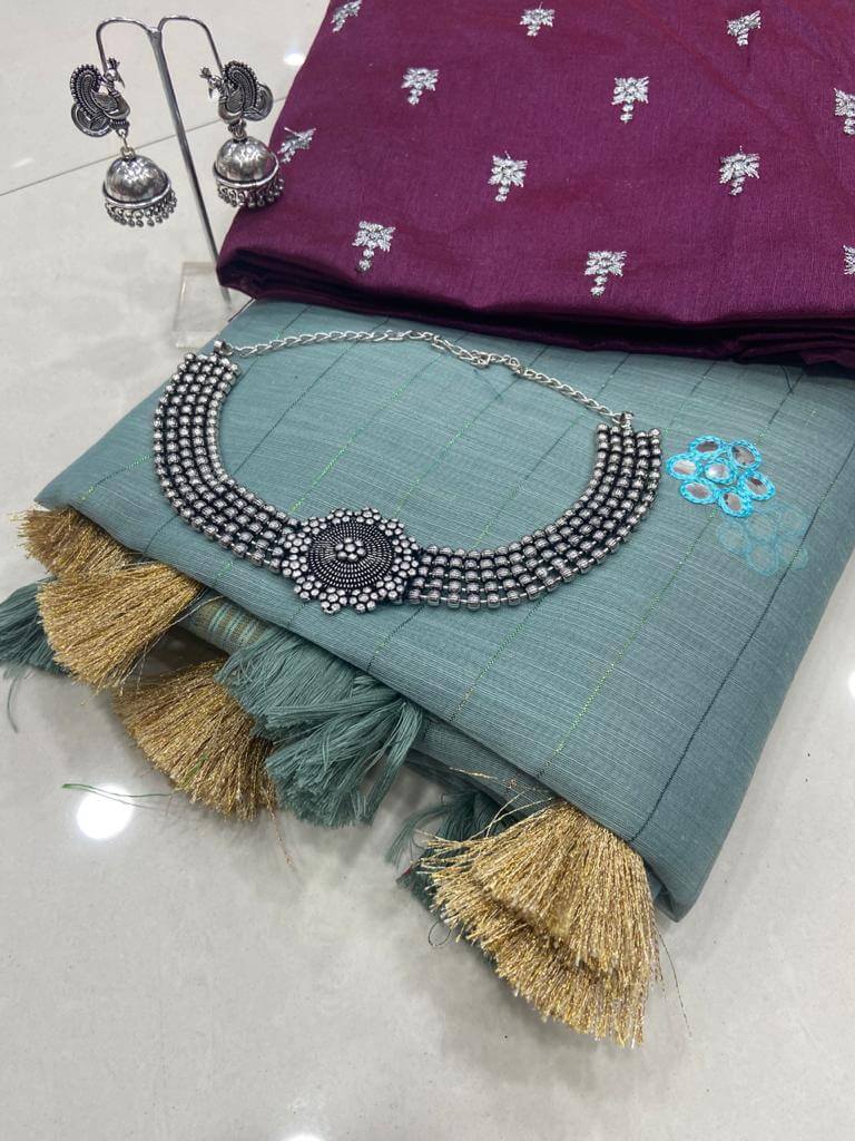 Fc Pf Magic Rainbow Desigener Linen Mirror Work Saree Catalog
