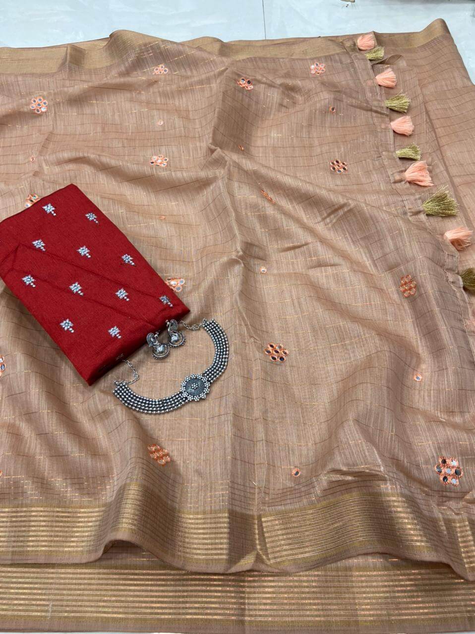 Fc Pf Magic Rainbow Desigener Linen Mirror Work Saree Catalog