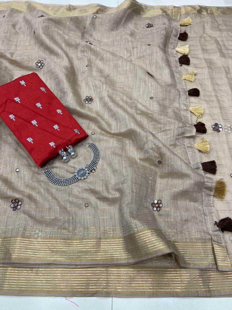 Fc Pf Magic Rainbow Desigener Linen Mirror Work Saree Catalog
