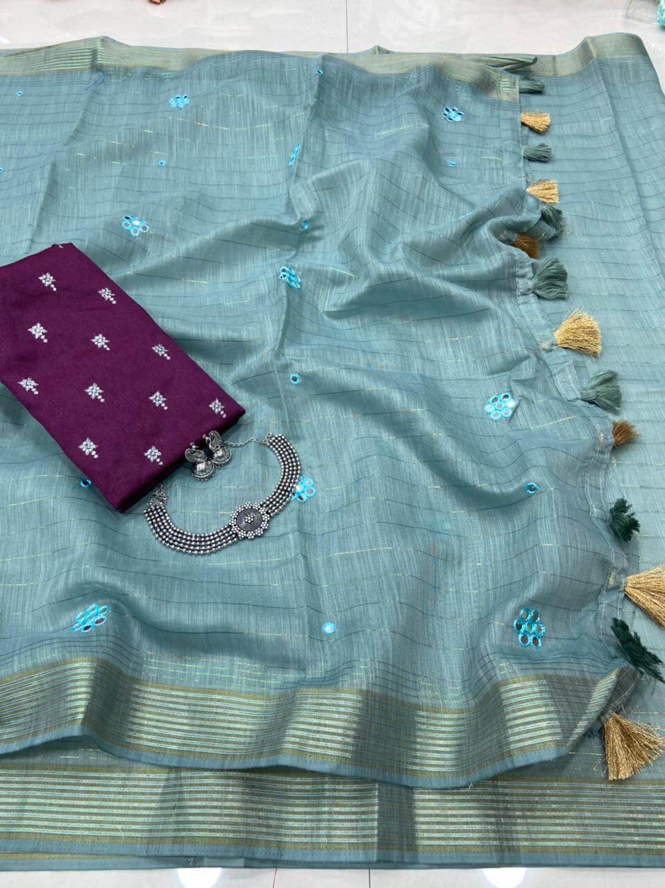 Fc Pf Magic Rainbow Desigener Linen Mirror Work Saree Catalog