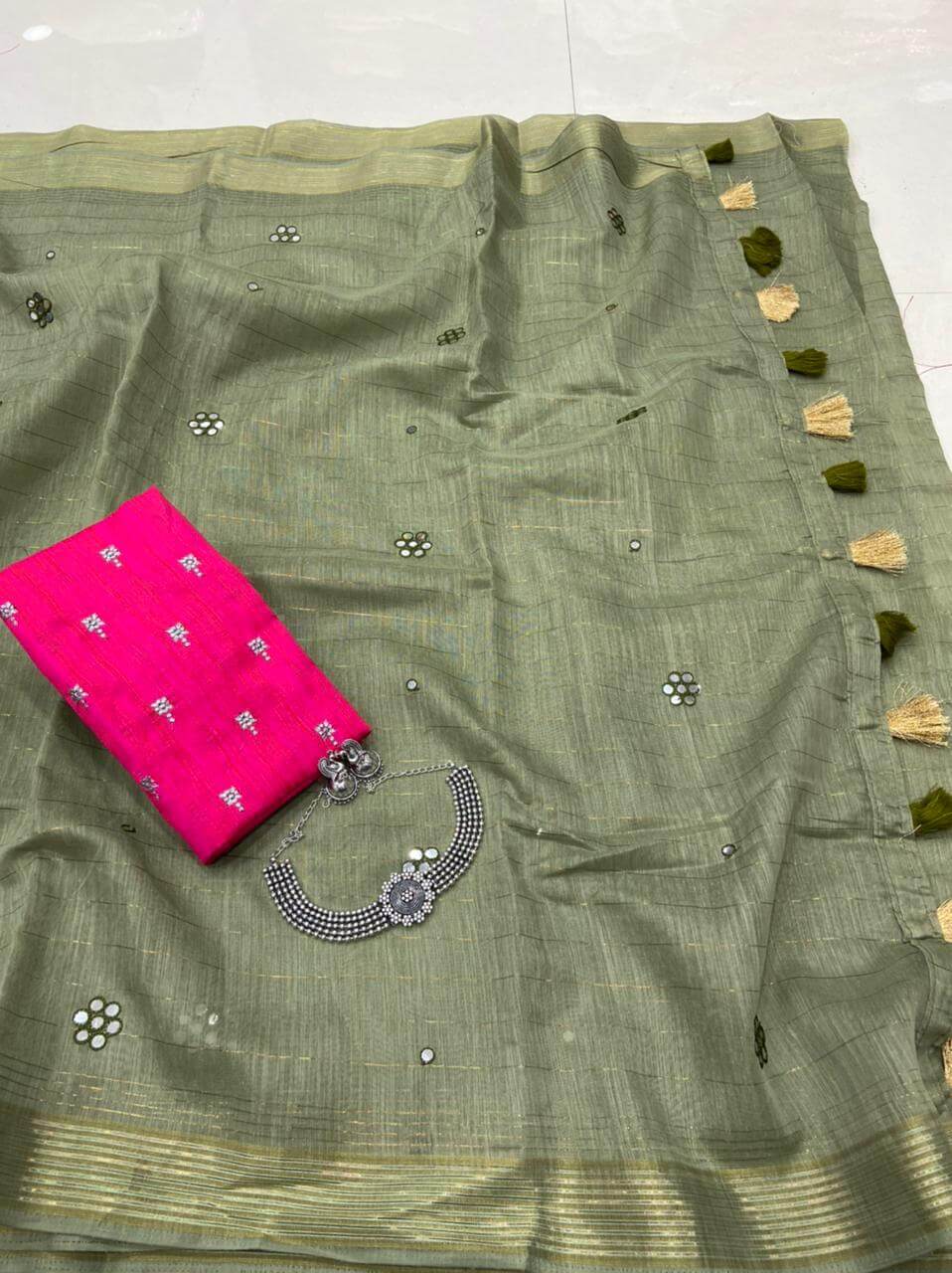 Fc Pf Magic Rainbow Desigener Linen Mirror Work Saree Catalog