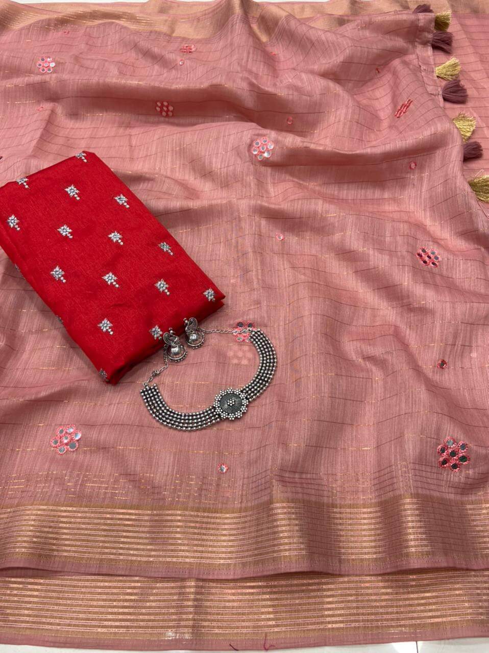 Fc Pf Magic Rainbow Desigener Linen Mirror Work Saree Catalog