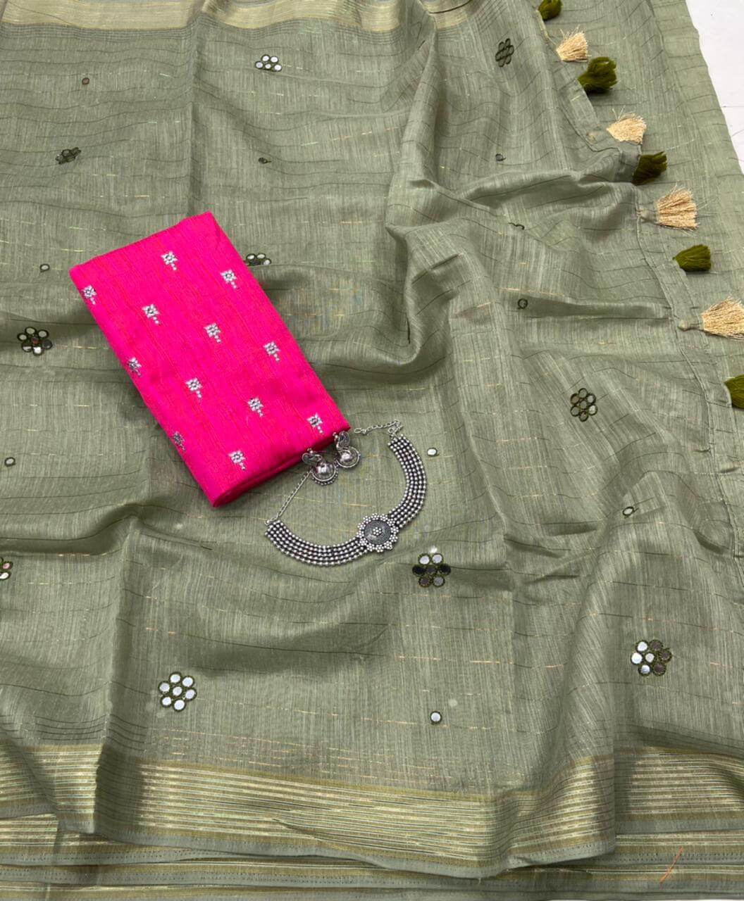 Fc Pf Magic Rainbow Desigener Linen Mirror Work Saree Catalog