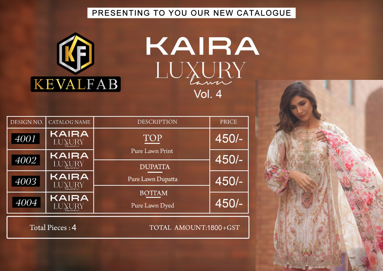 Keval Fab Kaira Luxury  Vol 4  Exclusive  Karachi Cotton Catalog