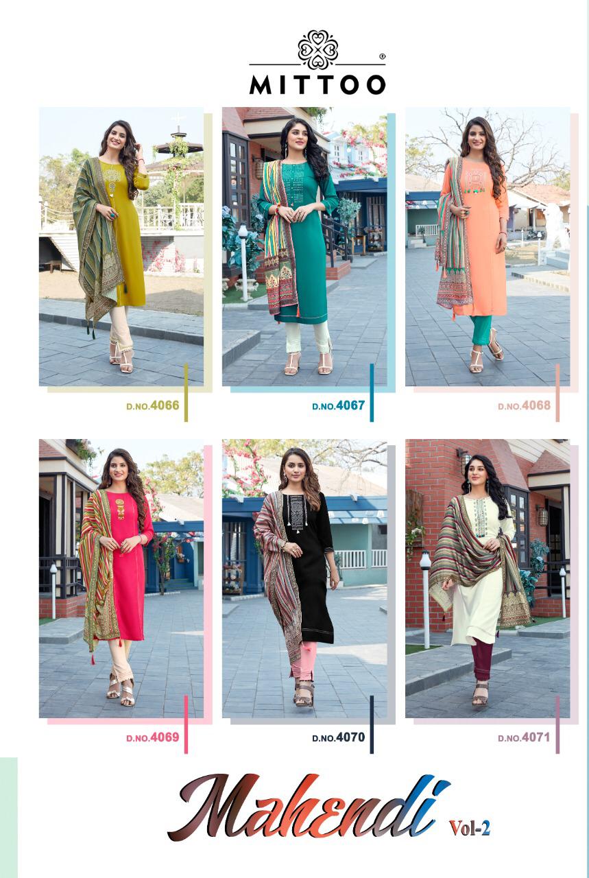 Mittoo Mahendi Vol 2  Kurti With Fancy Bottom And Dupatta Kurti Wholesale Rate
