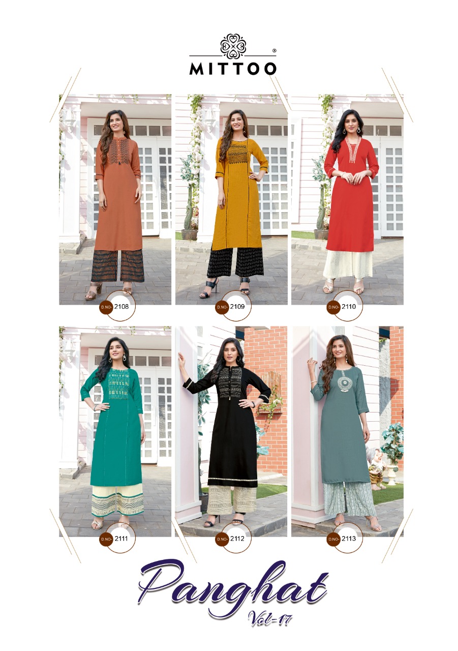 Mittoo Panghat Vol  17 Rayon Designer Kurti With Bottom  Catalog