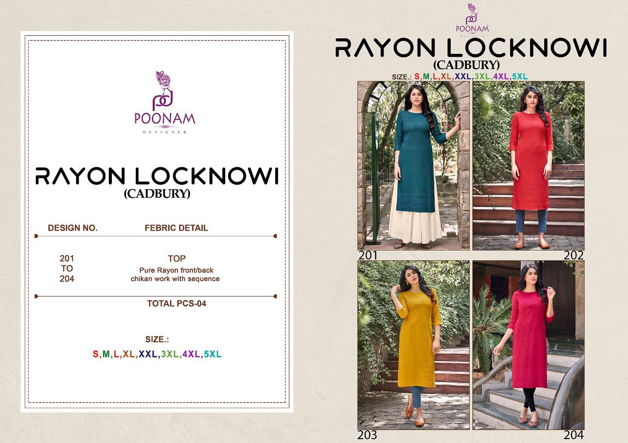 Poonam Locknowi  Cadbury Rayon Designer Chicken Work Kurti Catalog