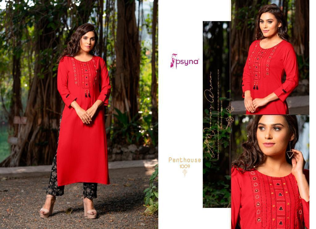 Psyna Pent House Rayon Designer Printed Kurtis With Pant Set Catalog