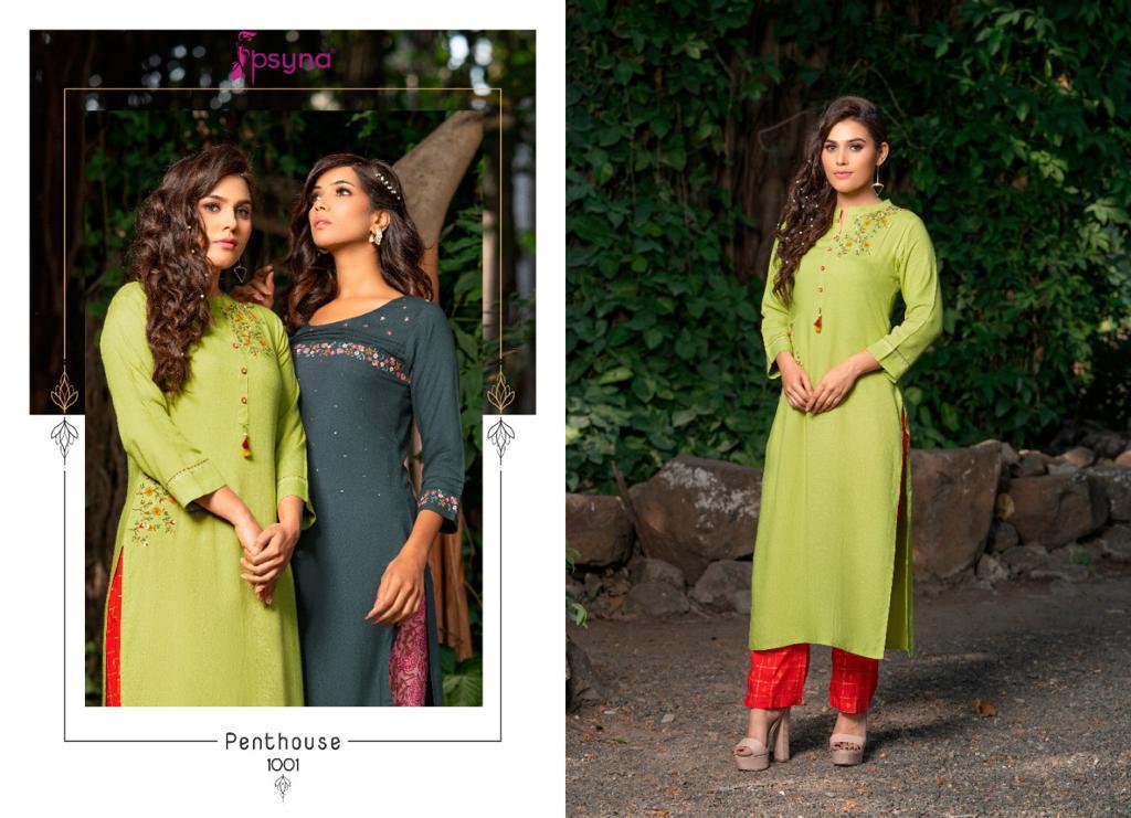 Psyna Pent House Rayon Designer Printed Kurtis With Pant Set Catalog