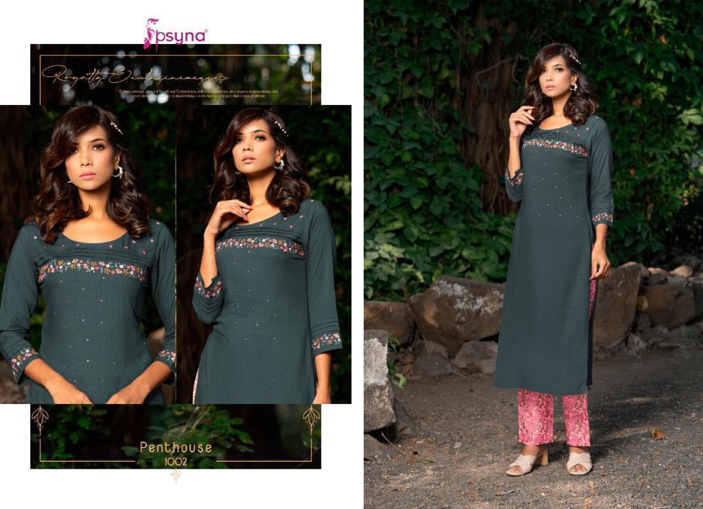 Psyna Pent House Rayon Designer Printed Kurtis With Pant Set Catalog