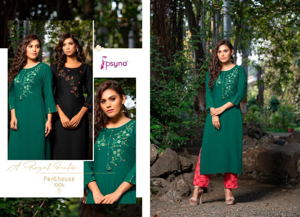 Psyna Pent House Rayon Designer Printed Kurtis With Pant Set Catalog