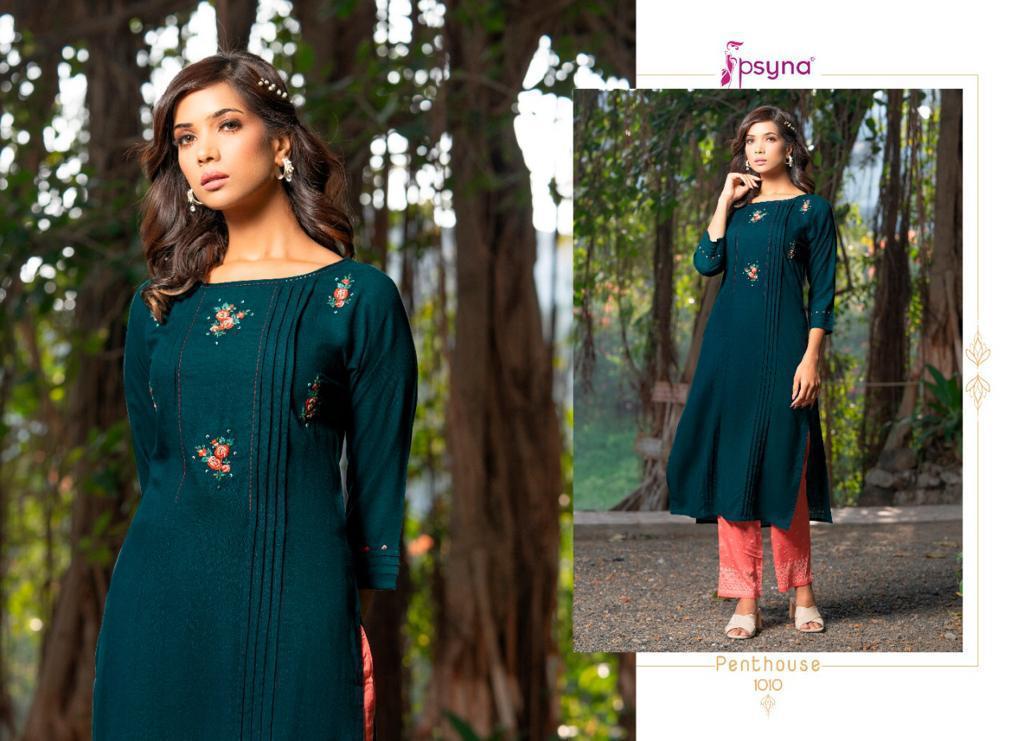 Psyna Pent House Rayon Designer Printed Kurtis With Pant Set Catalog