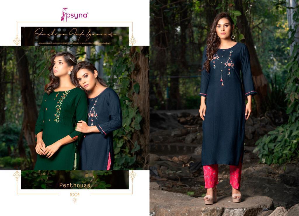 Psyna Pent House Rayon Designer Printed Kurtis With Pant Set Catalog