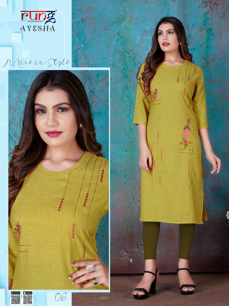 Rung Ayesha Designer Rayon Embroidery Kurti  Catalog