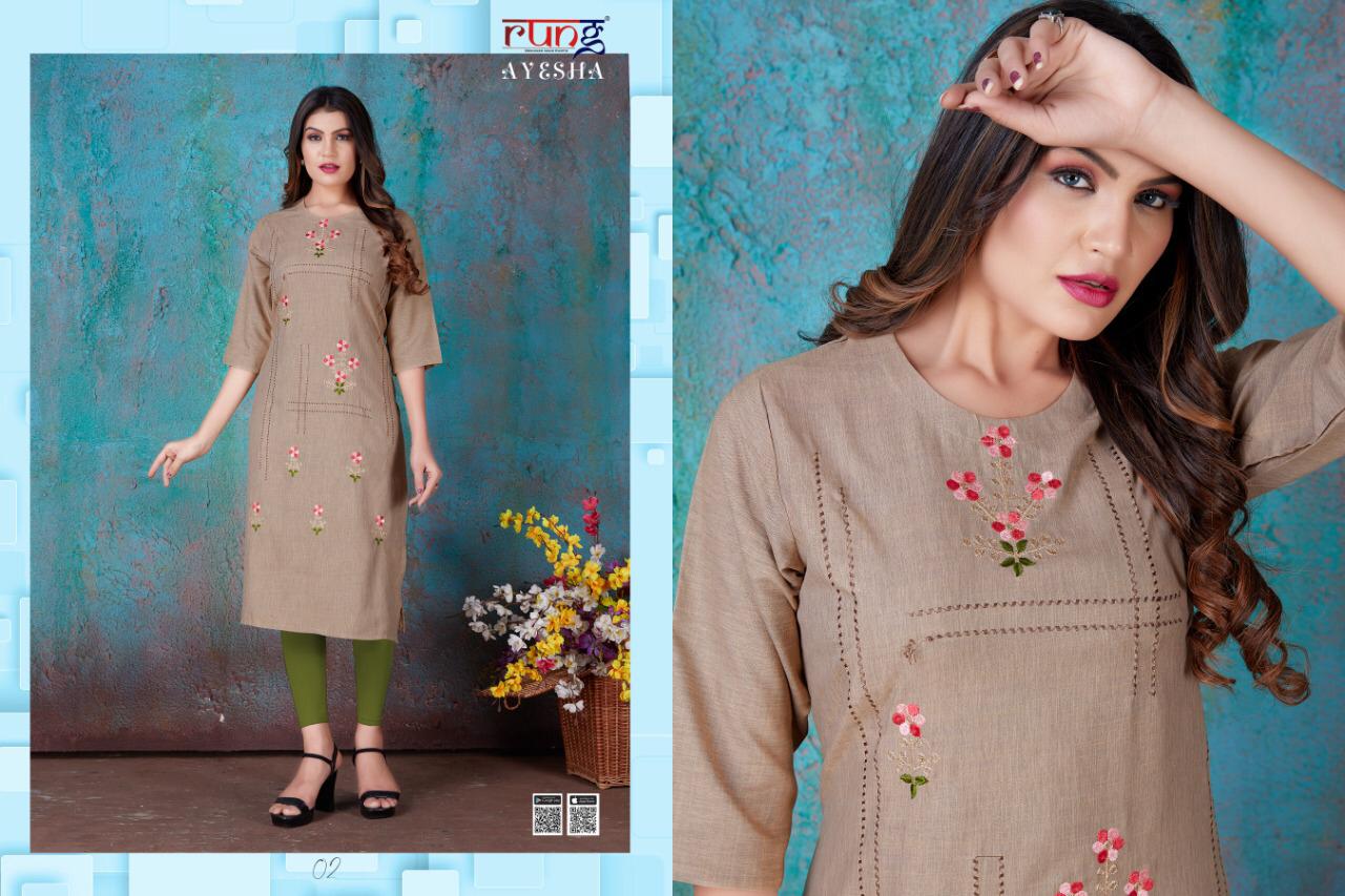 Rung Ayesha Designer Rayon Embroidery Kurti  Catalog