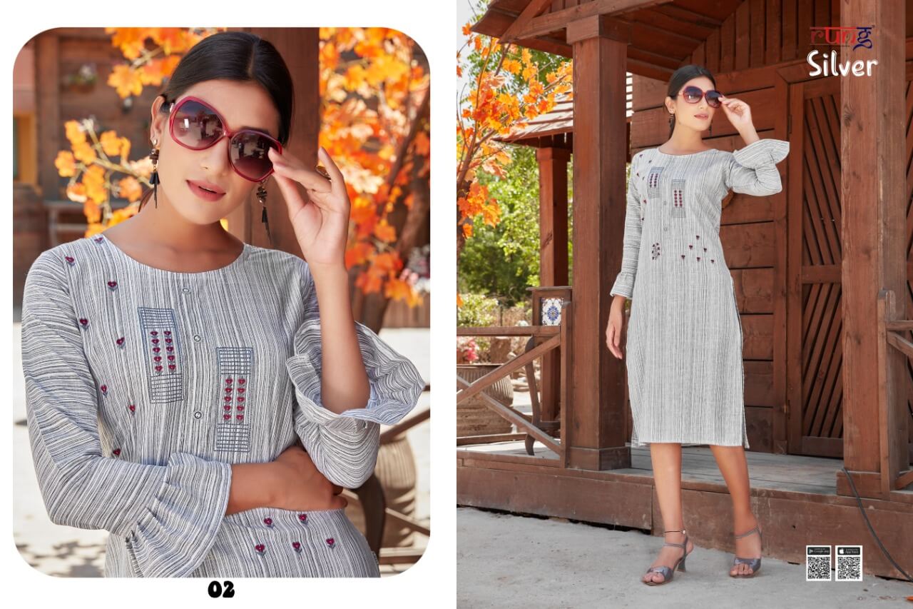 Rung Silver Rayon Weaving Fancy Kurti Catalog