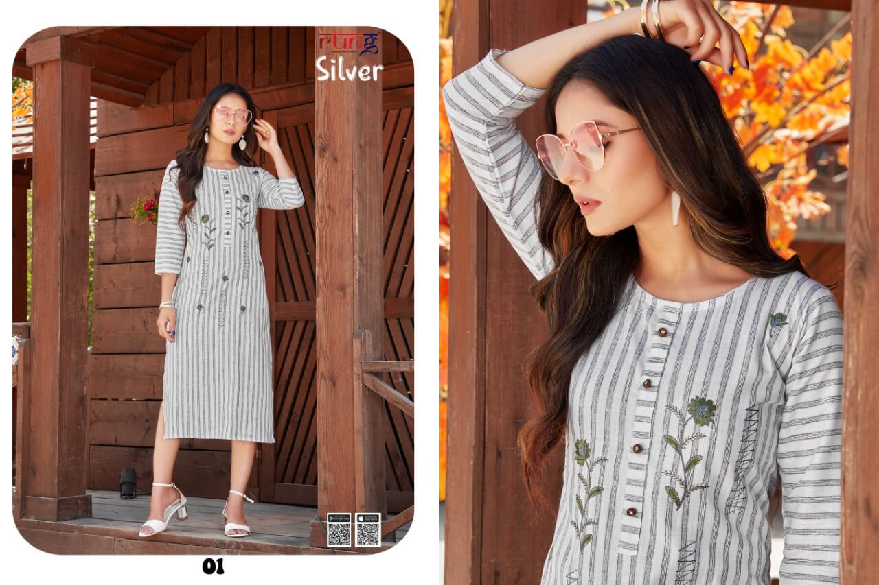 Rung Silver Rayon Weaving Fancy Kurti Catalog