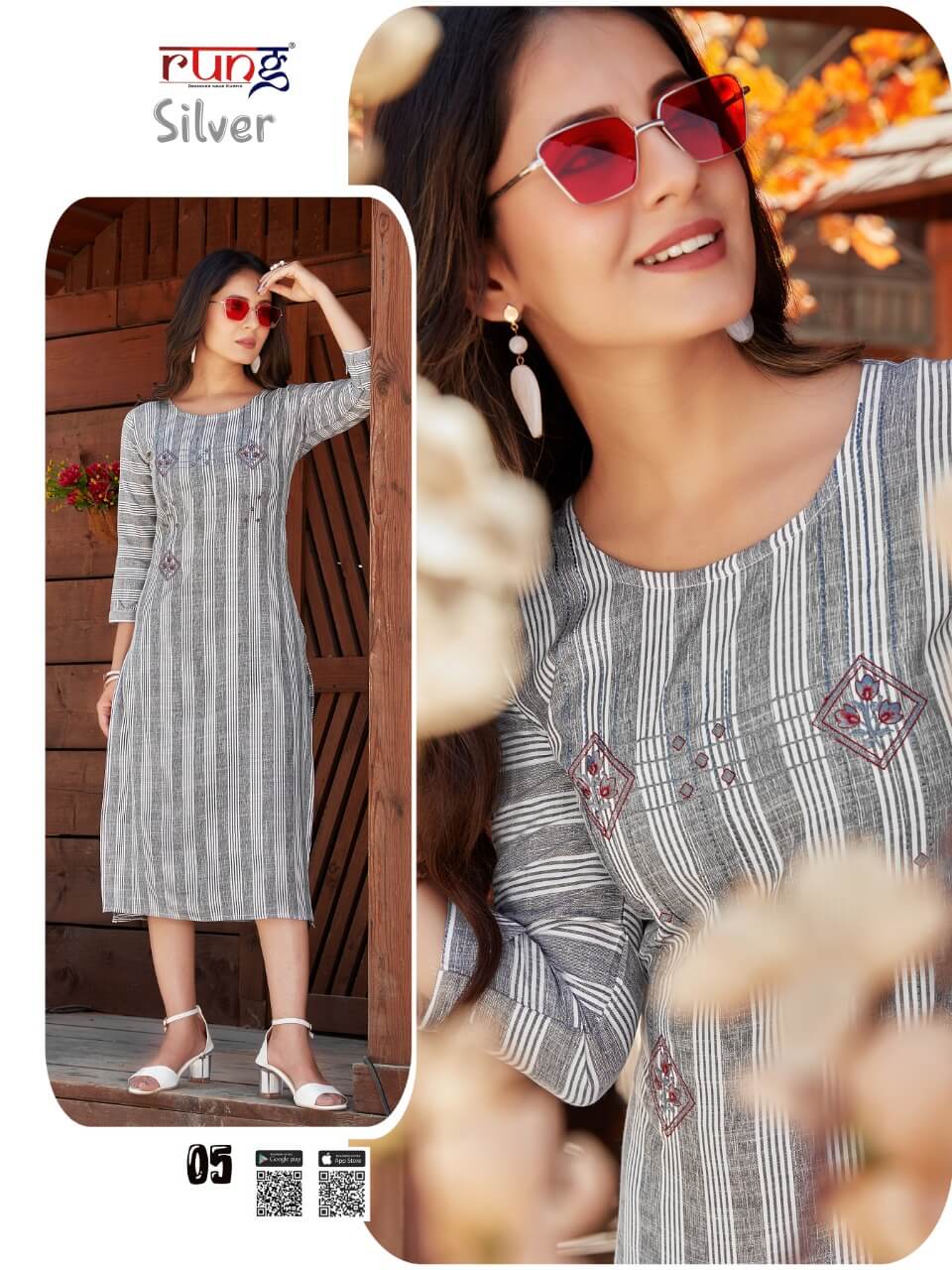 Rung Silver Rayon Weaving Fancy Kurti Catalog