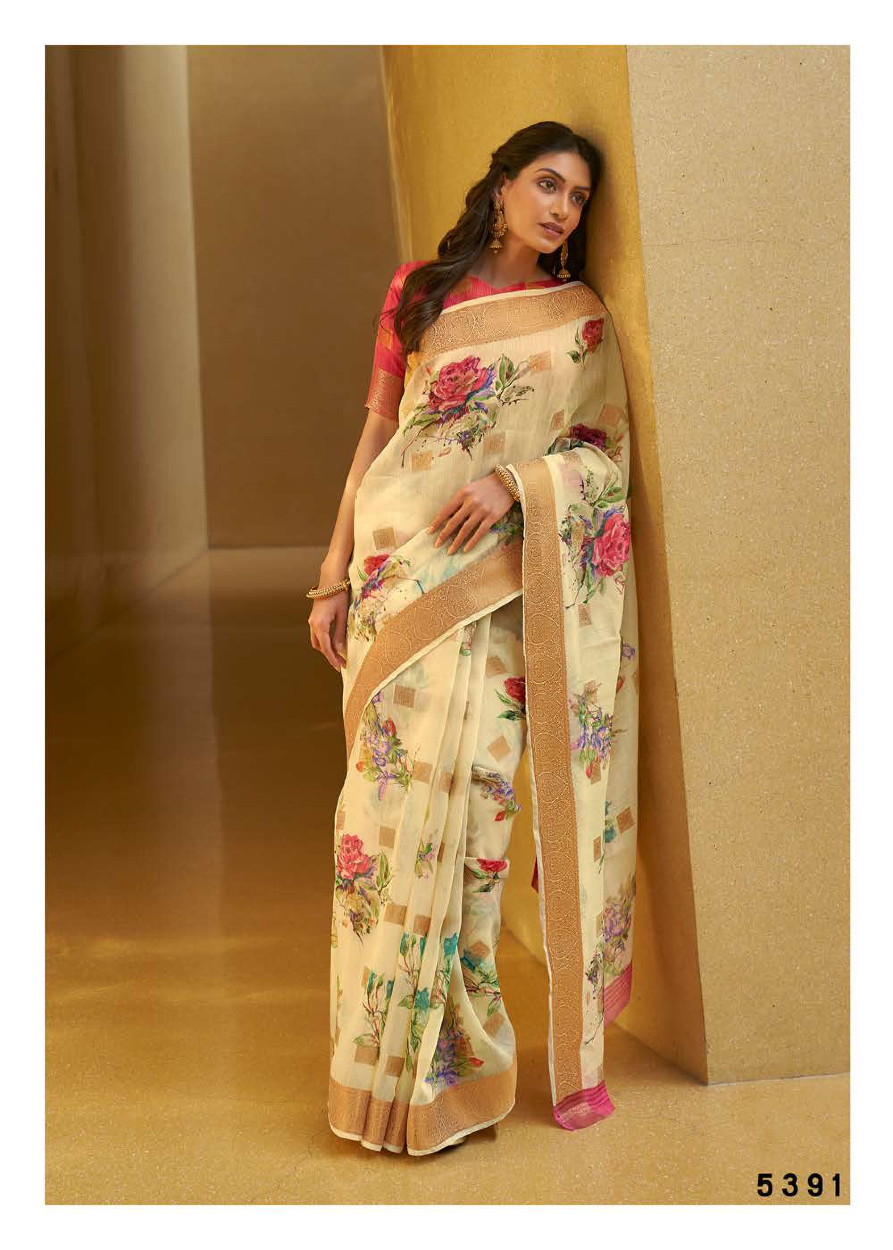 Shangrila Kalkatti Linen Designer Weaving Zari Digital Printed Saree Catalog