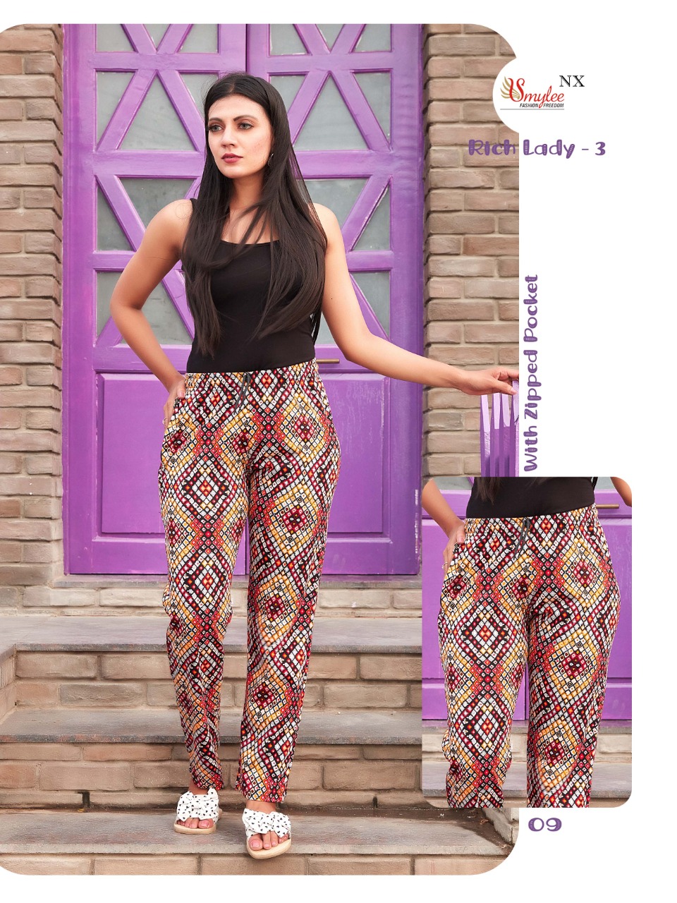 Smylee  Rich Lady  Vol 3  Casual Wear Printed Zipper Pocket Bottom