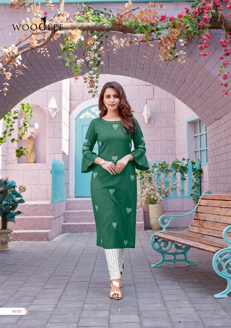 Wooglee Kesar Vol  3 Designer Rayon Embroidery Kurti With Bottom Catalog
