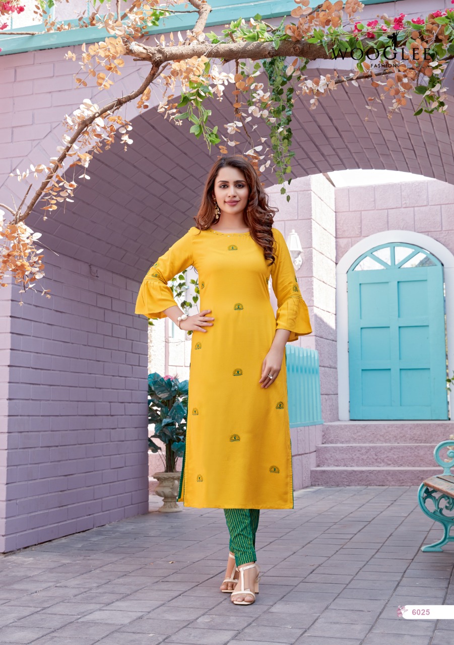 Wooglee Kesar Vol  3 Designer Rayon Embroidery Kurti With Bottom Catalog