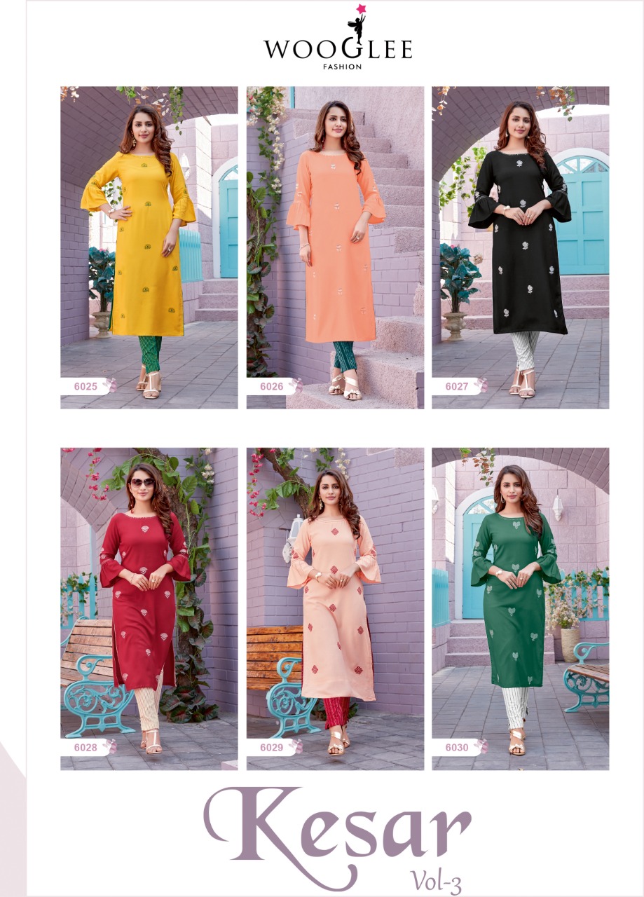 Wooglee Kesar Vol  3 Designer Rayon Embroidery Kurti With Bottom Catalog