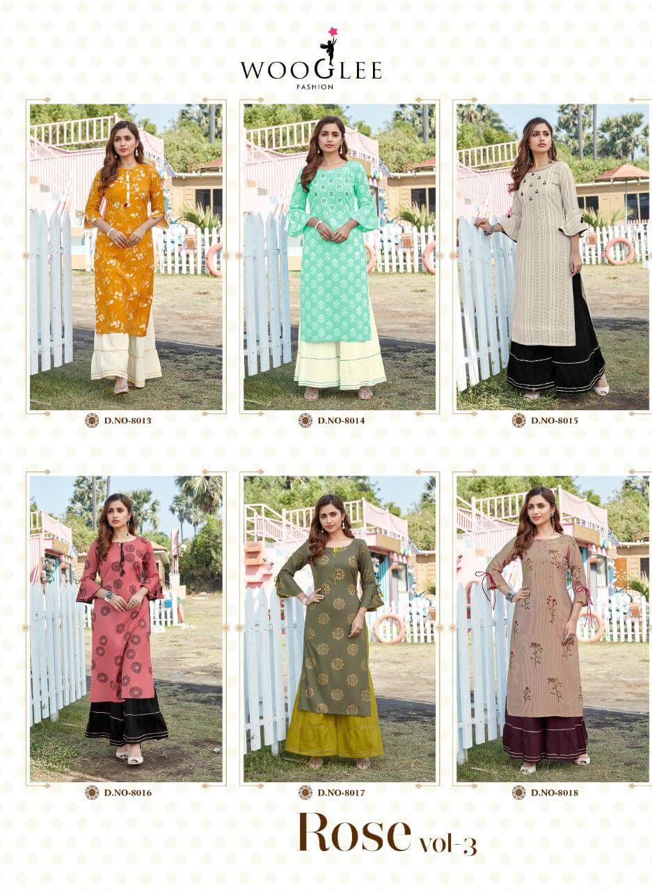 Wooglee Rose Vol 3 Rayon Fancy Kurti With Sharara Catalog