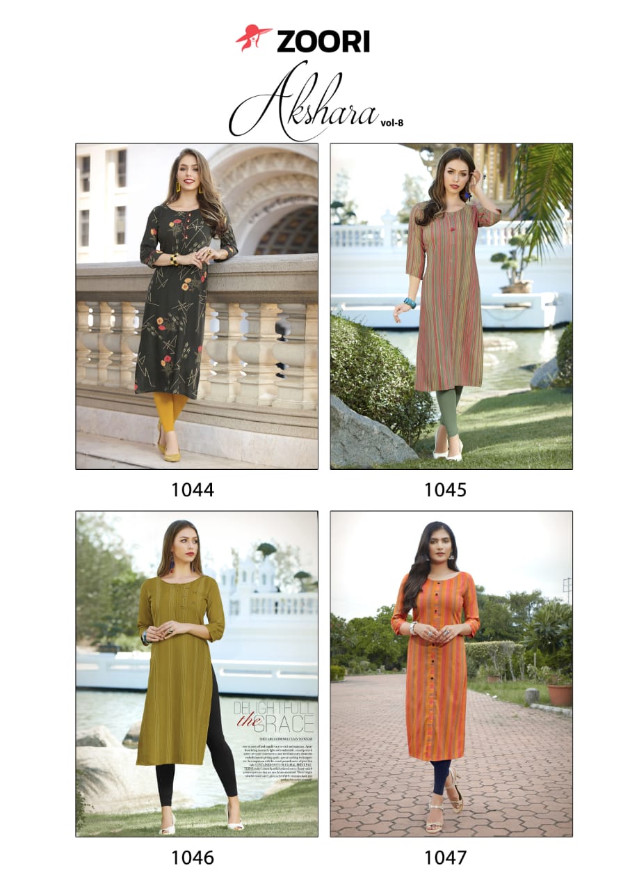 Zoori Akshara Vol  8 Designer Rayon Printed Kurti Catalog