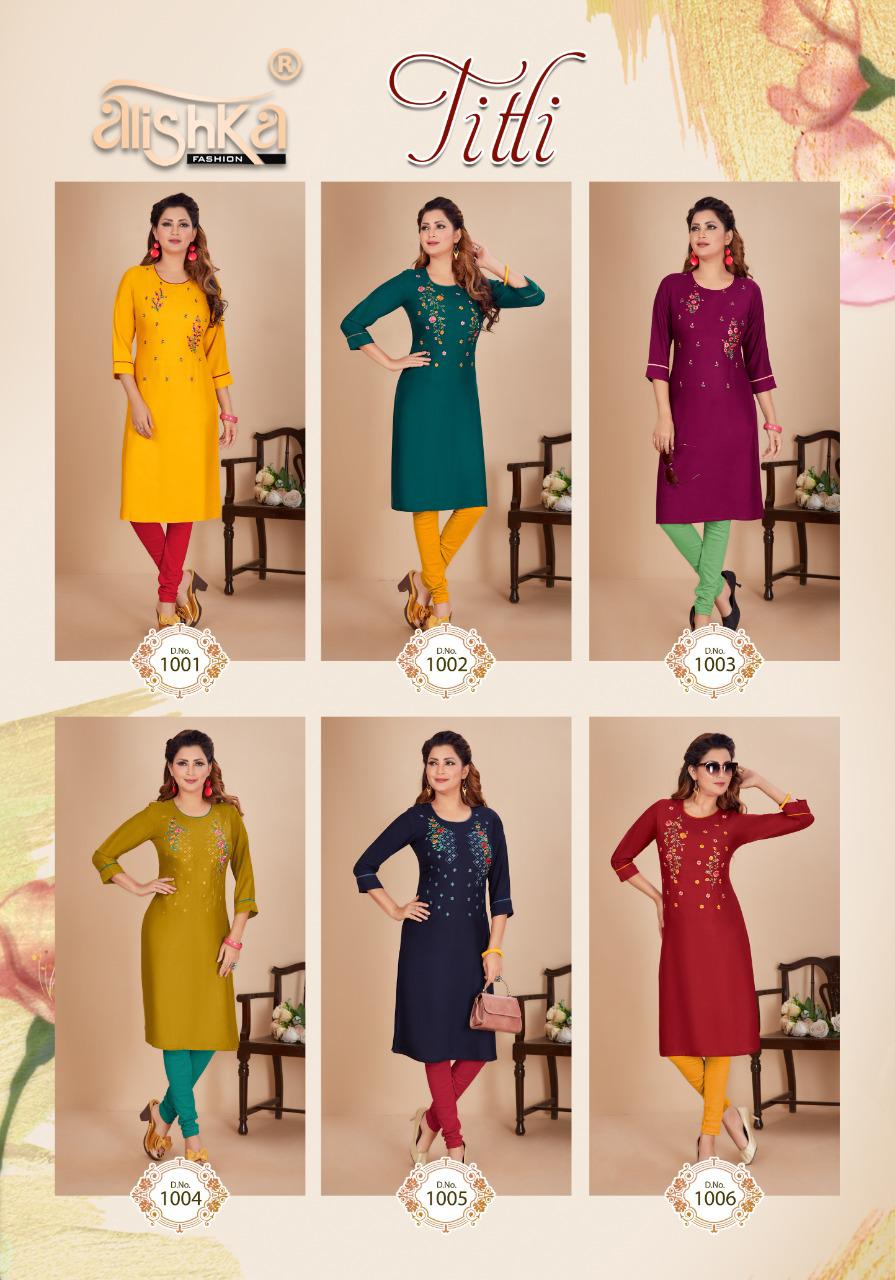 Alishka Titli Rayon Designer Embroidery Kurti Catalog