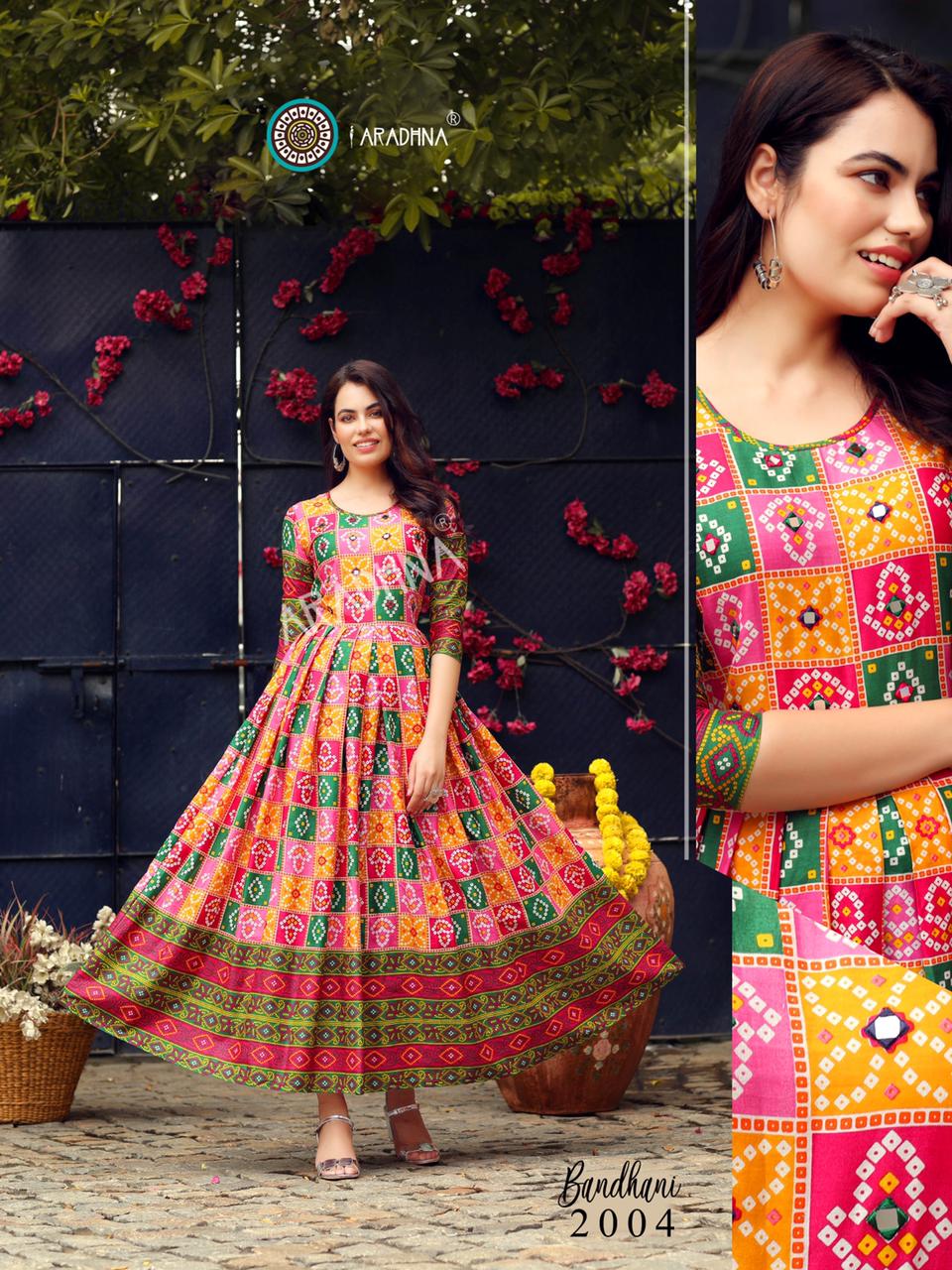 Green bandhej anarkali by Floral Tales | The Secret Label