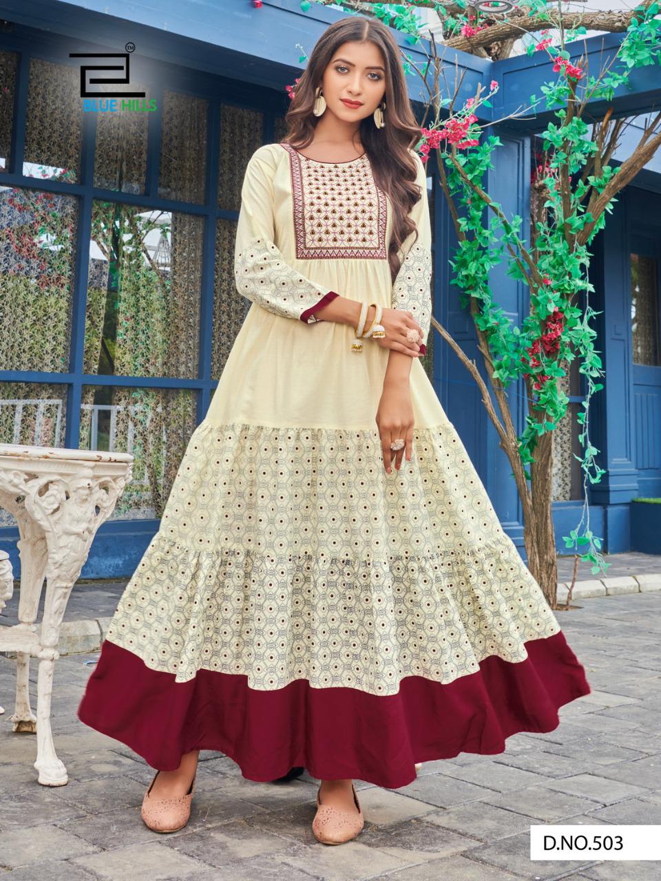 Blue Hills Livik Vol 5 Cambric Cotton Long Frill Gown Kurti Catalog