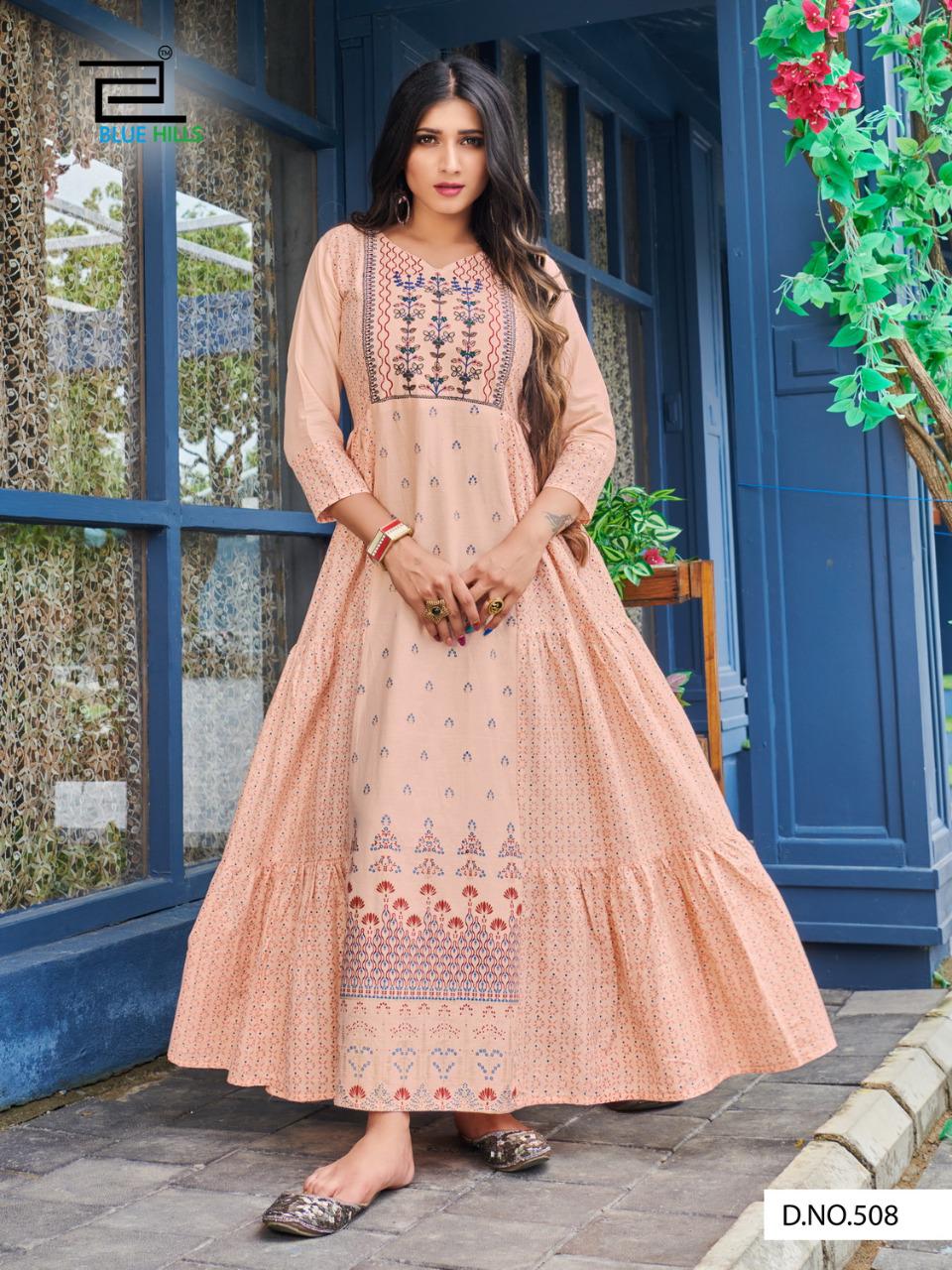 Blue Hills Livik Vol 5 Cambric Cotton Long Frill Gown Kurti Catalog