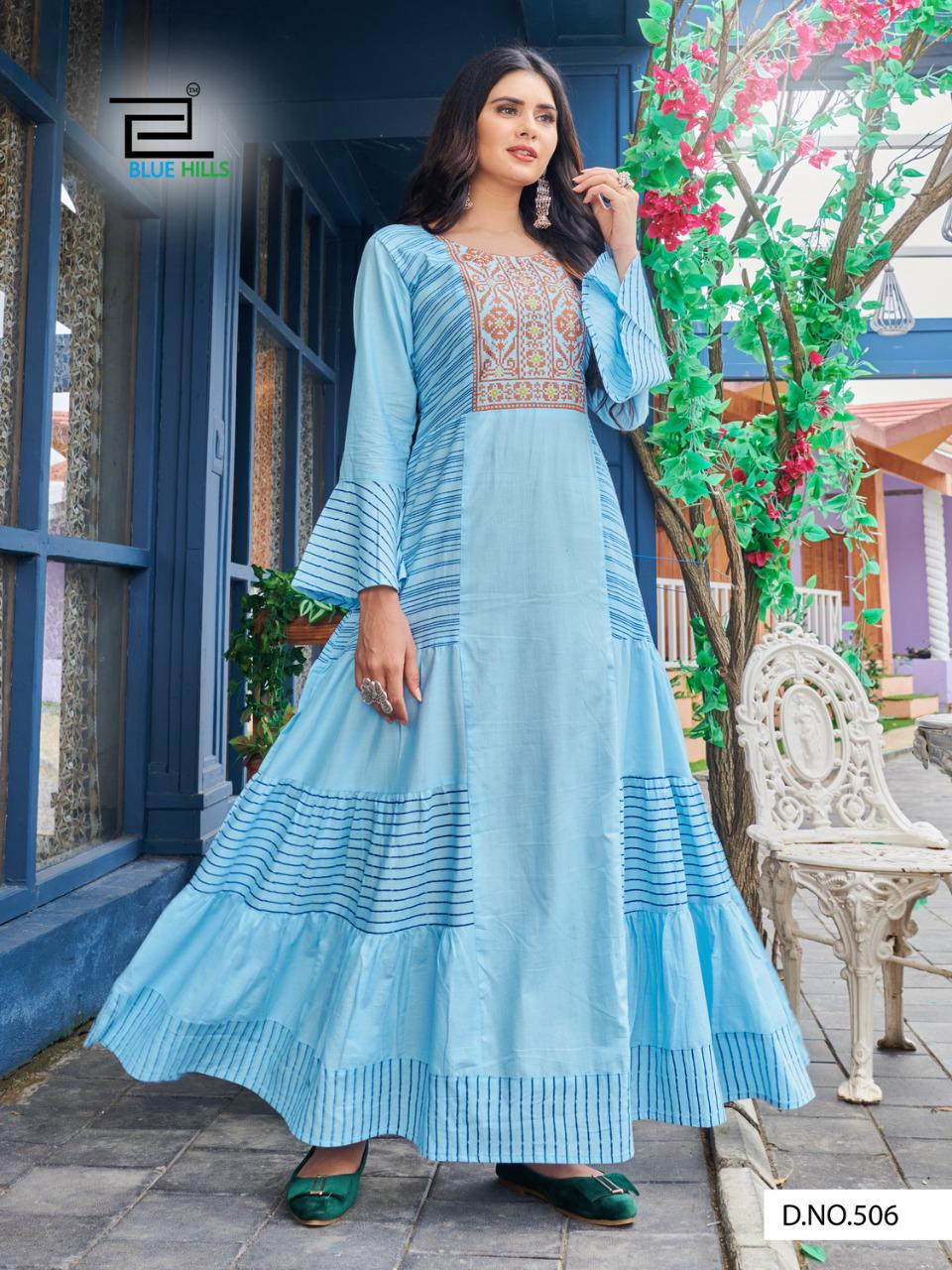 Blue Hills Livik Vol 5 Cambric Cotton Long Frill Gown Kurti Catalog