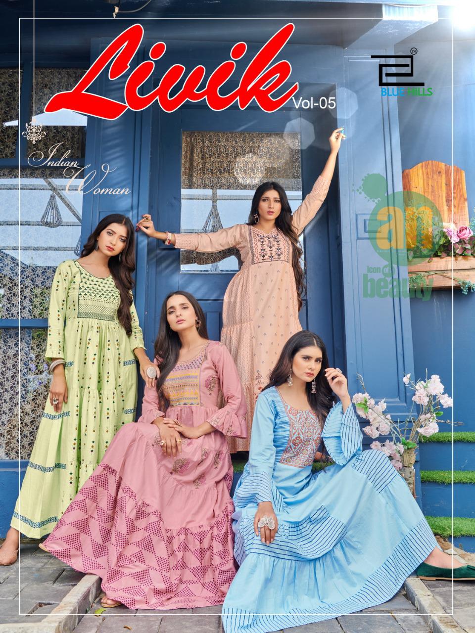 Blue Hills Livik Vol 5 Cambric Cotton Long Frill Gown Kurti Catalog
