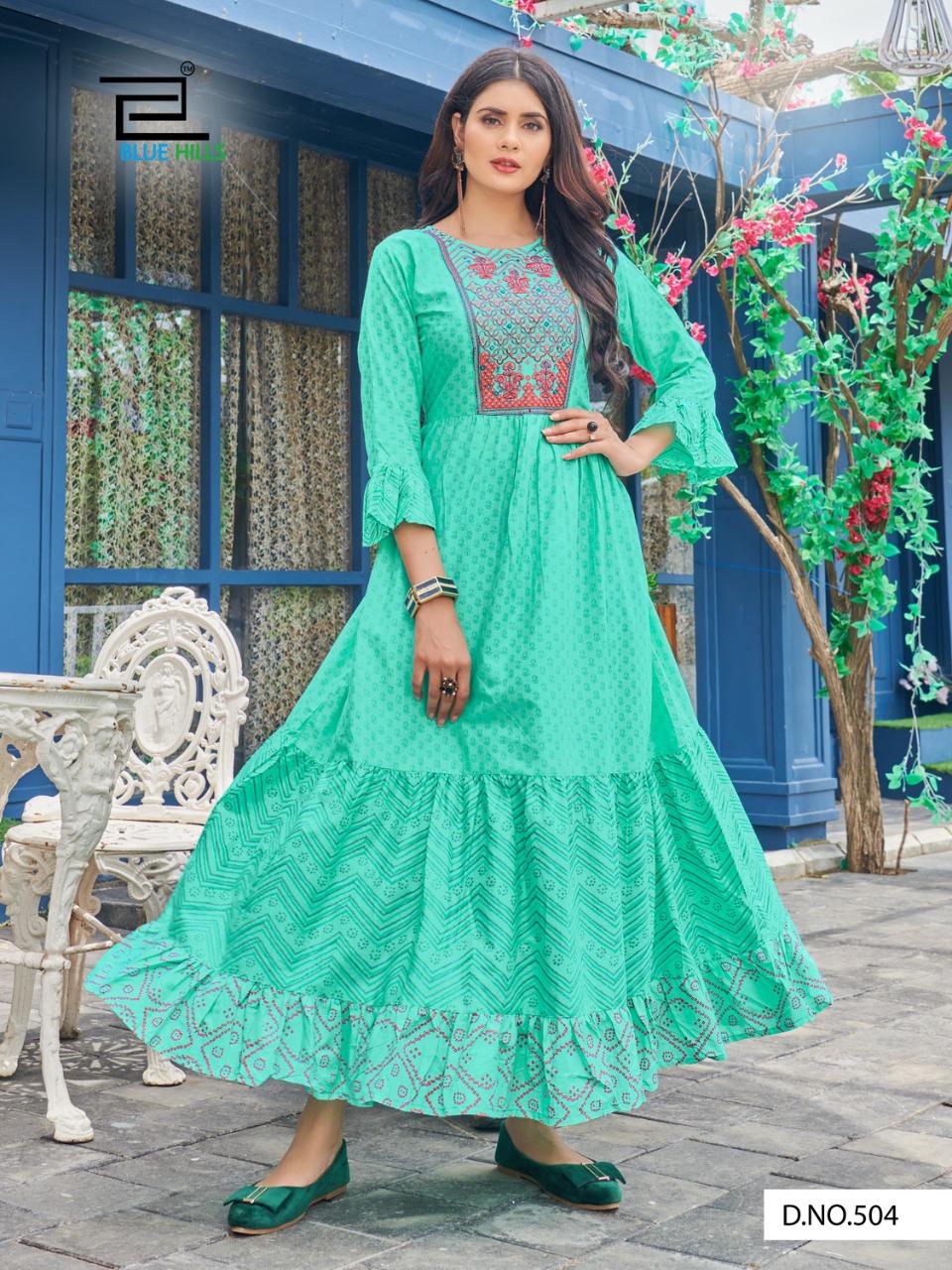 Blue Hills Livik Vol 5 Cambric Cotton Long Frill Gown Kurti Catalog