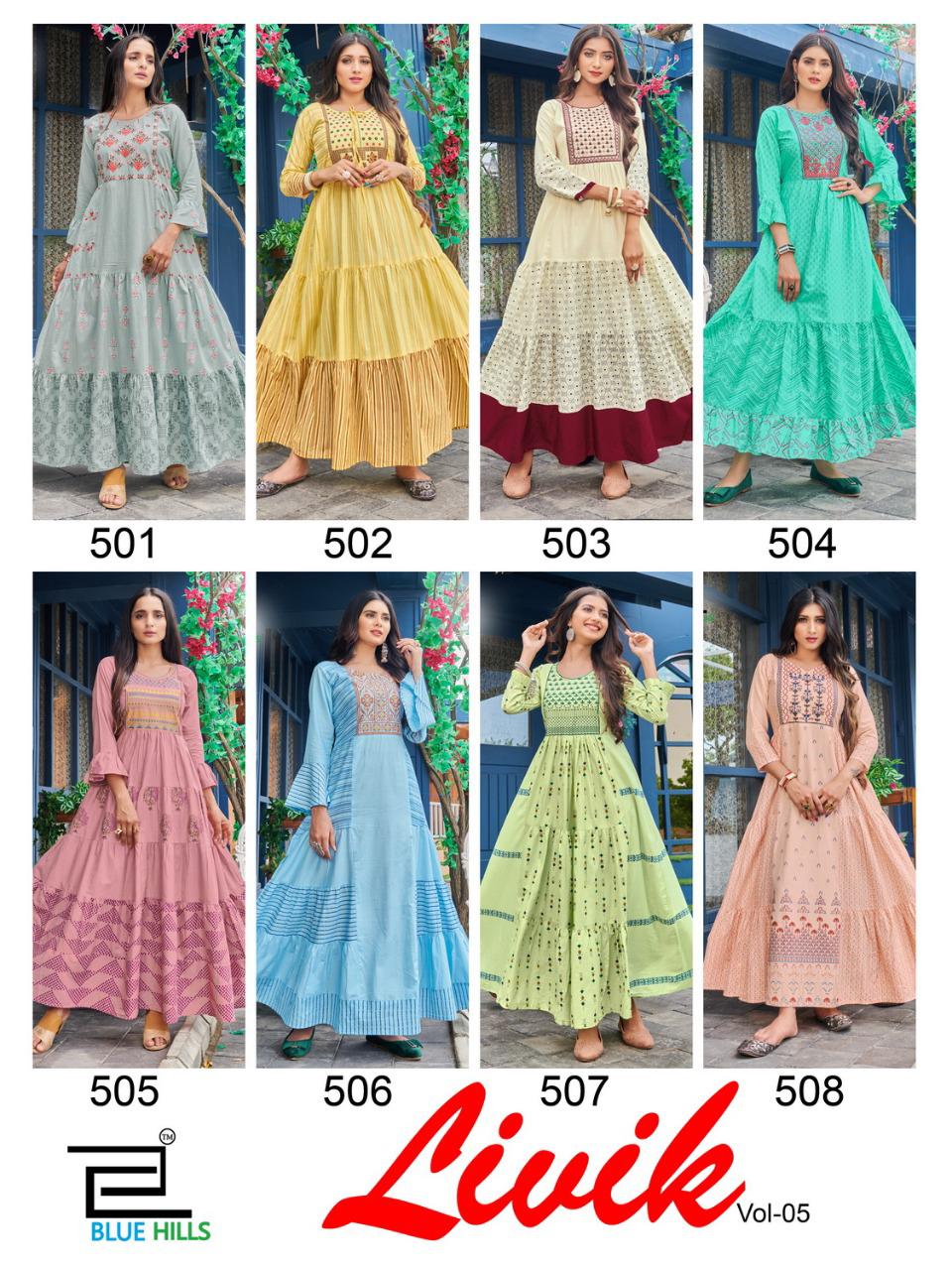 Blue Hills Livik Vol 5 Cambric Cotton Long Frill Gown Kurti Catalog