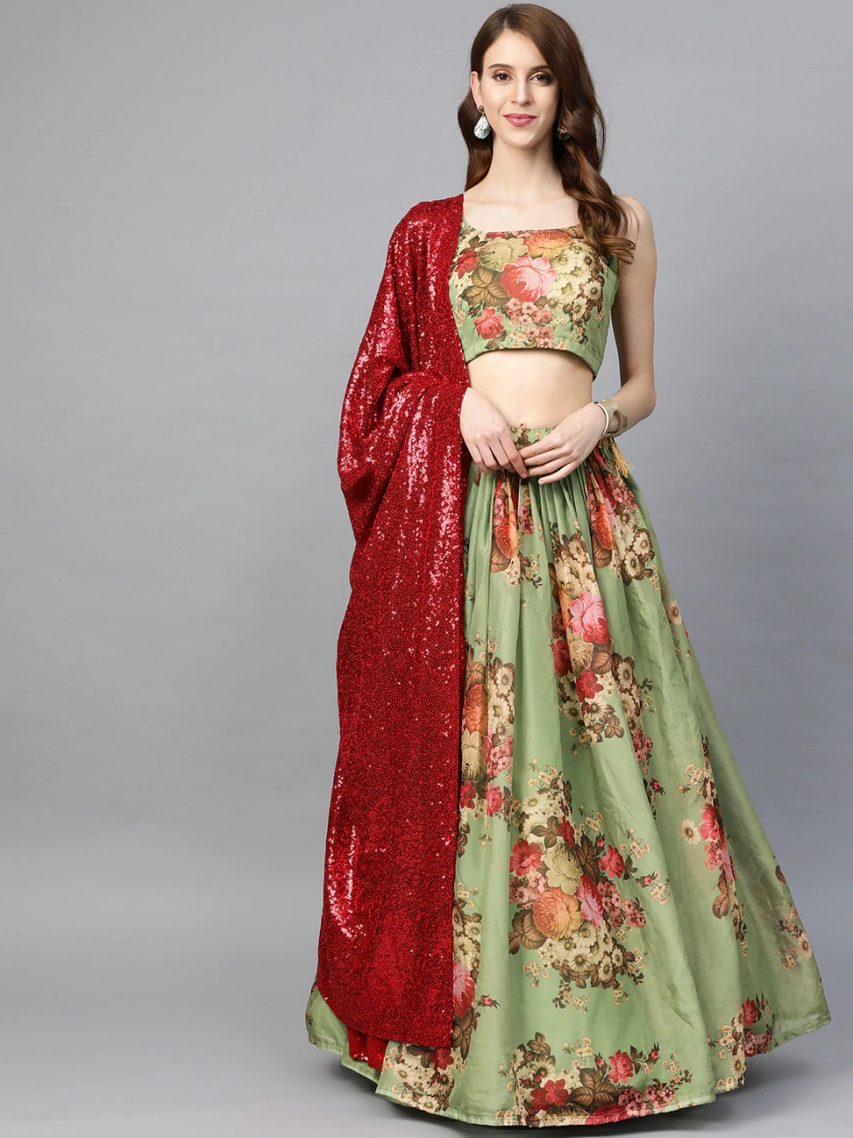 Floral Latest Green Lehenga Choli With Red Exclusive Dupatta Collection