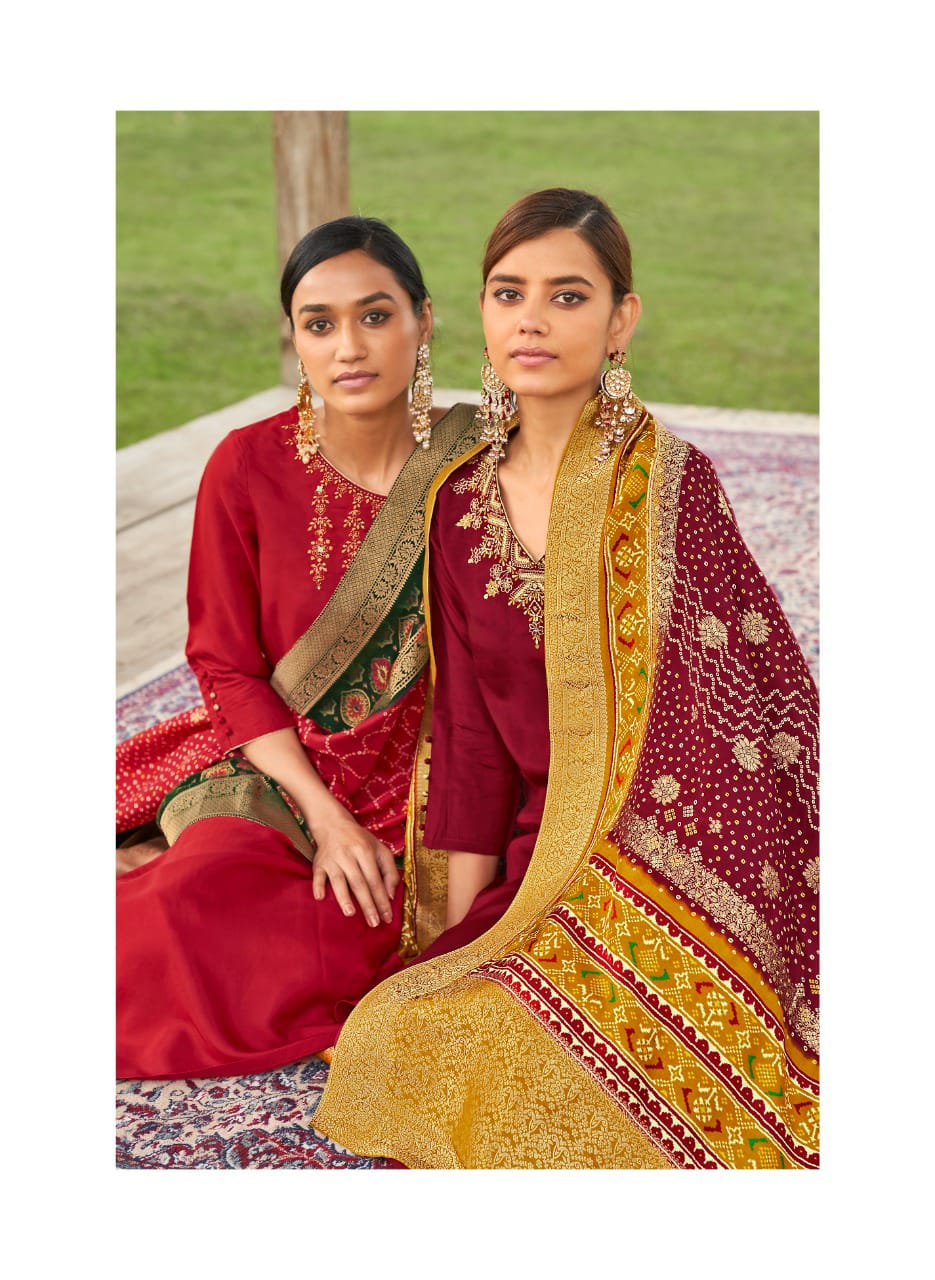 Four Buttons Bandhani Vol2 Viscose Silk With Embroidery Work Kurtis With Bottom Dupatta Catalog