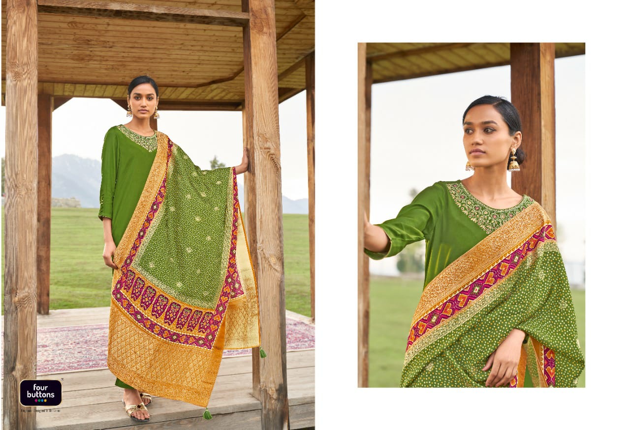 Four Buttons Bandhani Vol2 Viscose Silk With Embroidery Work Kurtis With Bottom Dupatta Catalog