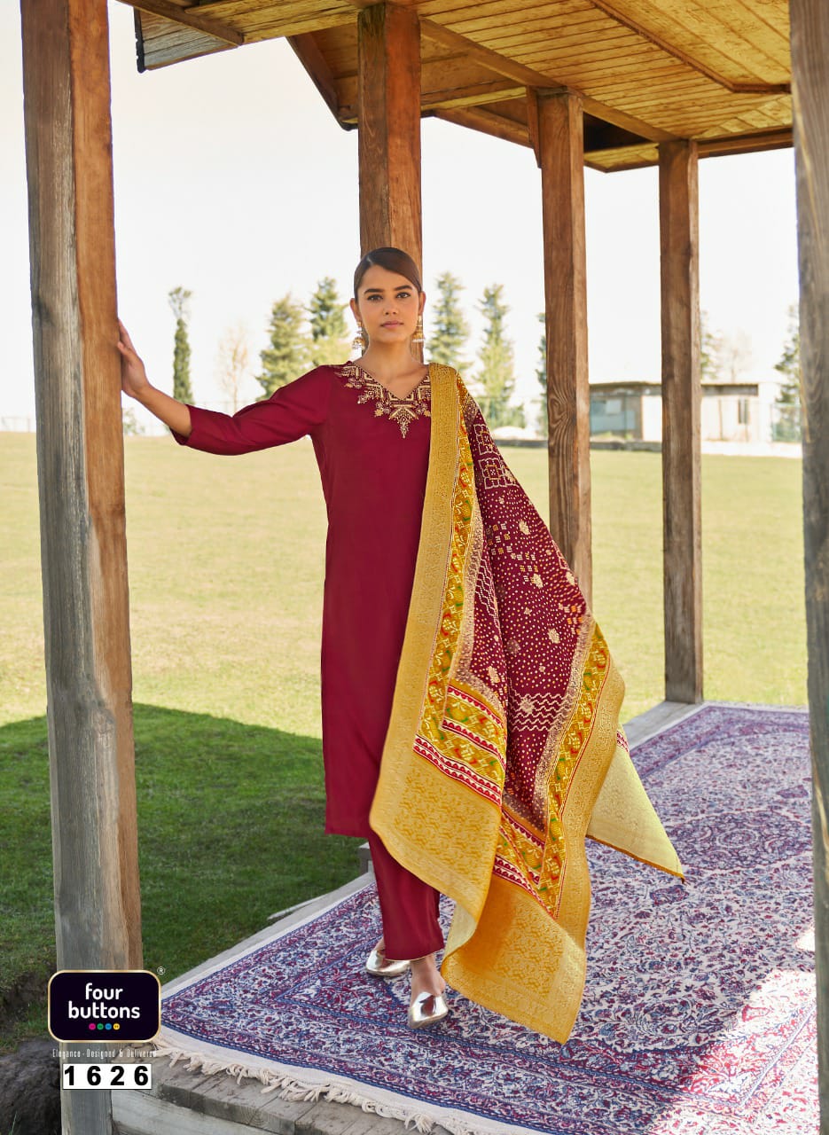 Four Buttons Bandhani Vol2 Viscose Silk With Embroidery Work Kurtis With Bottom Dupatta Catalog