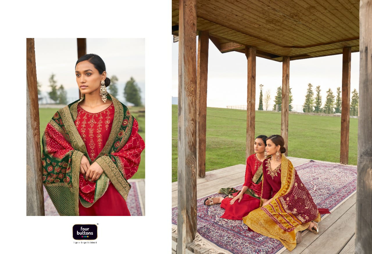 Four Buttons Bandhani Vol2 Viscose Silk With Embroidery Work Kurtis With Bottom Dupatta Catalog