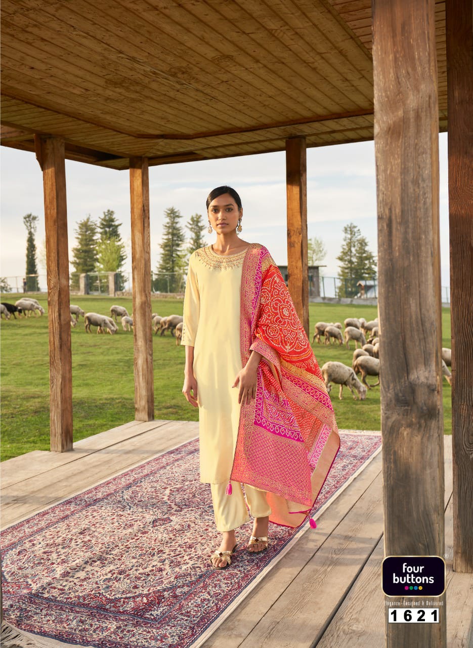 Four Buttons Bandhani Vol2 Viscose Silk With Embroidery Work Kurtis With Bottom Dupatta Catalog
