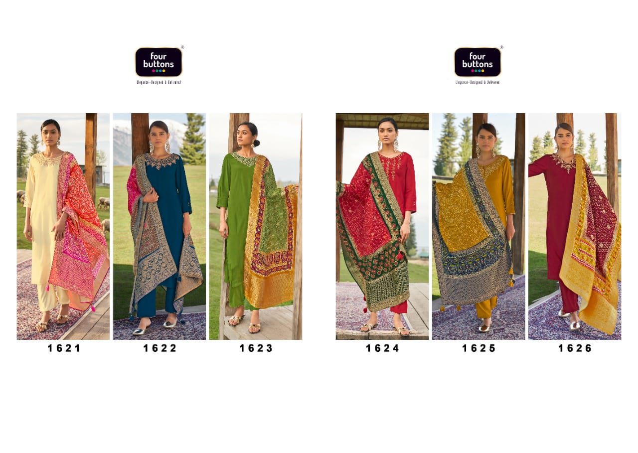 Four Buttons Bandhani Vol2 Viscose Silk With Embroidery Work Kurtis With Bottom Dupatta Catalog