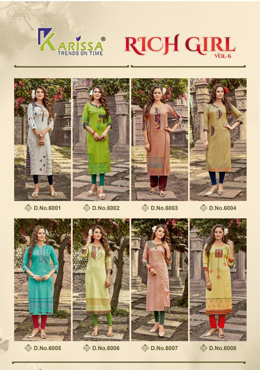 Karissa Rich Girl  Vol 6 Rayon Designer Kurti Catalog