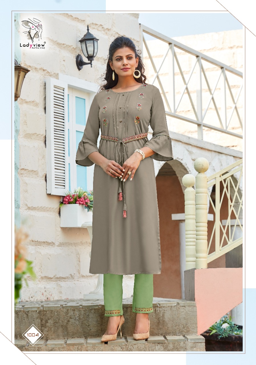 Ladyview Beltom Rayon Kurti With Attached Belt And Pant Catalog