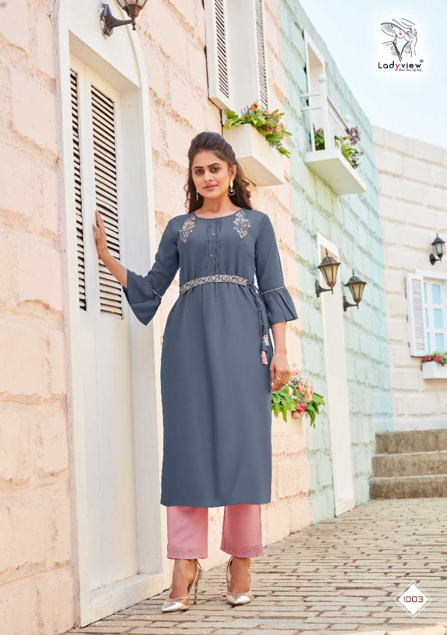 Ladyview Beltom Rayon Kurti With Attached Belt And Pant Catalog