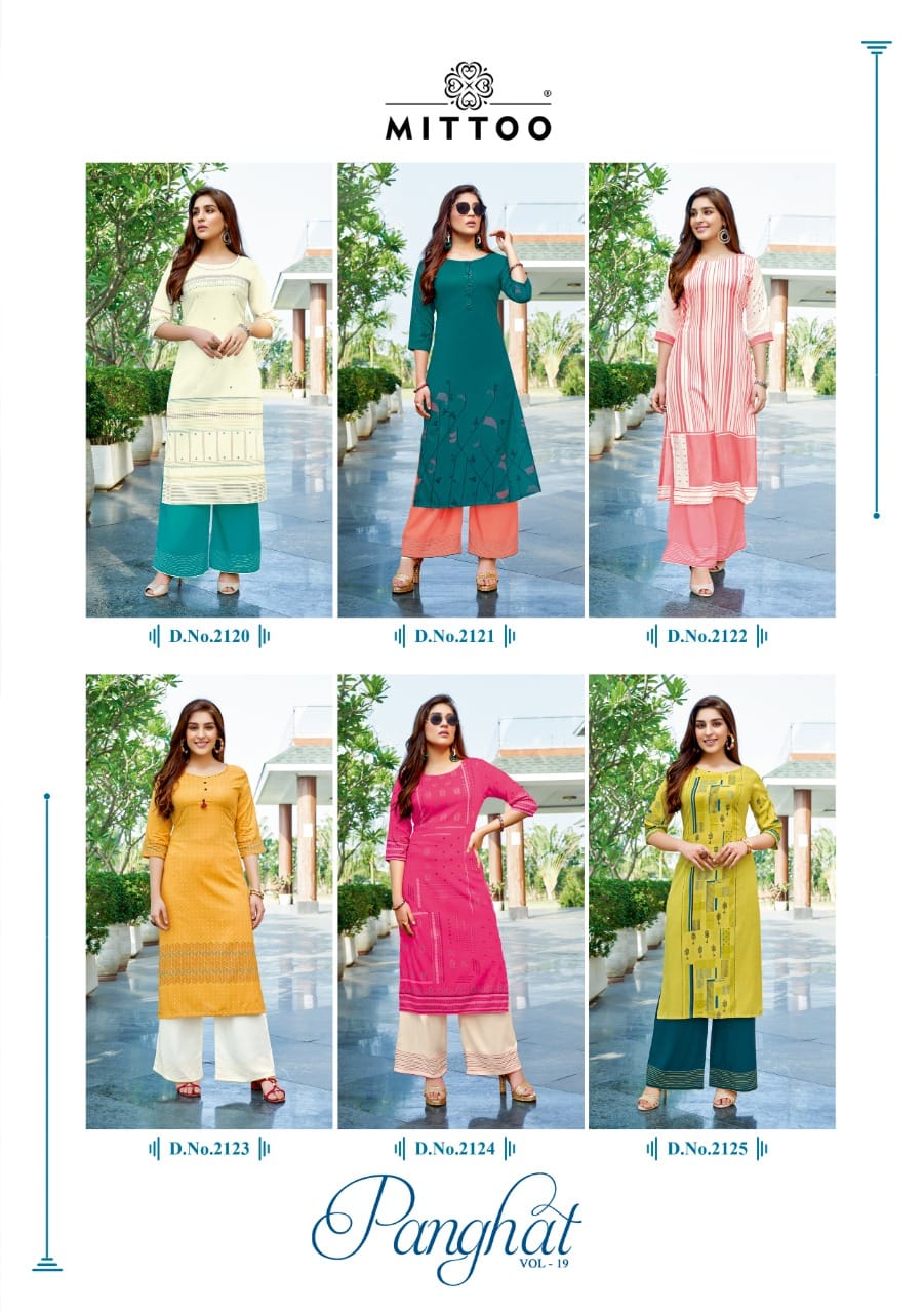 Mittoo Panghat Vol 19 Rayon Designer Kurti With Plazzo Catalog