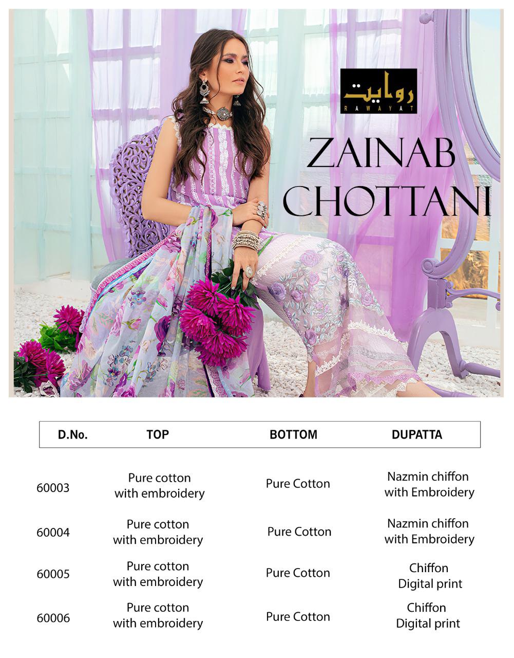 Rawayat Zainab Chotani Cotton Designer Pakistani Salwar Suits Catalog