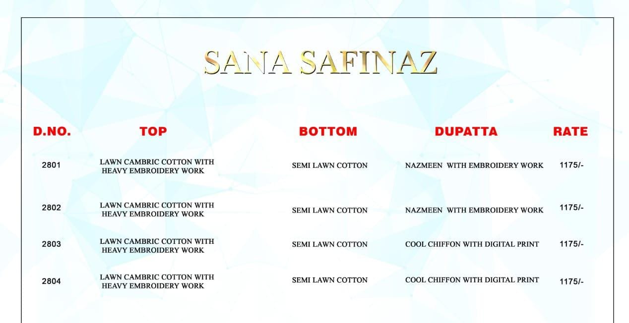 Serene Sana Safinaz Cotton Embroidery Pakistani Salwar Suits Catalog